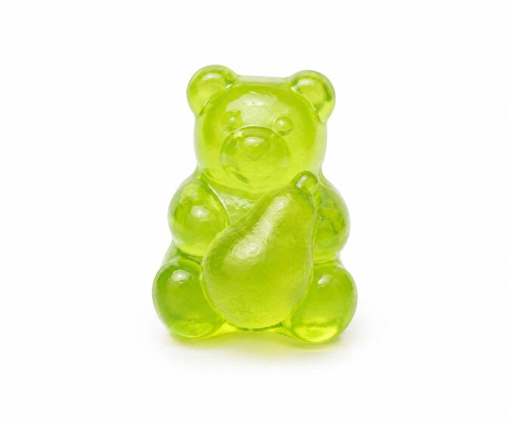 A translucent green gummy bear holding a pear
