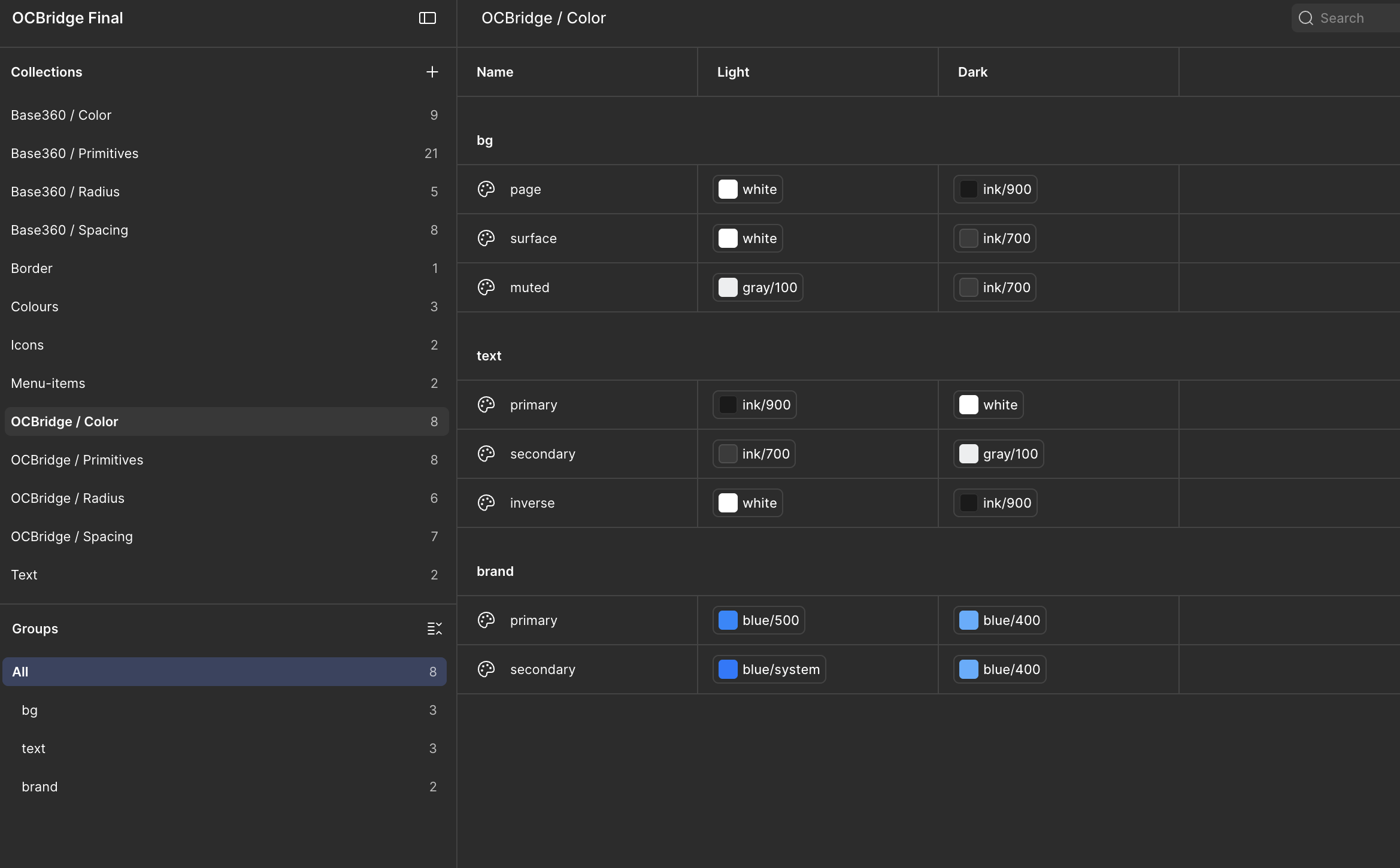 OCBridge semantic color variables organized into background, text, and brand roles in Figma