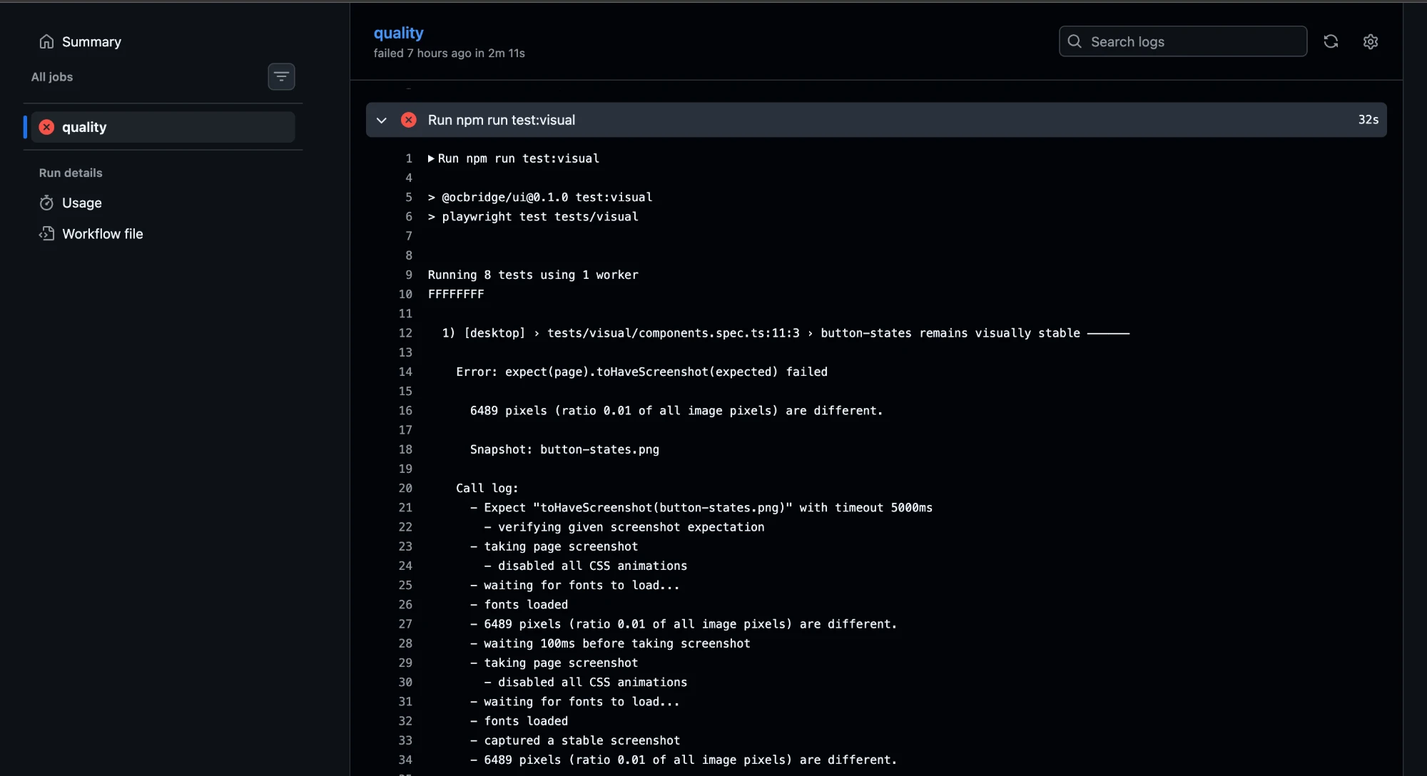 Visual regression comparison and review log for OCBridge components